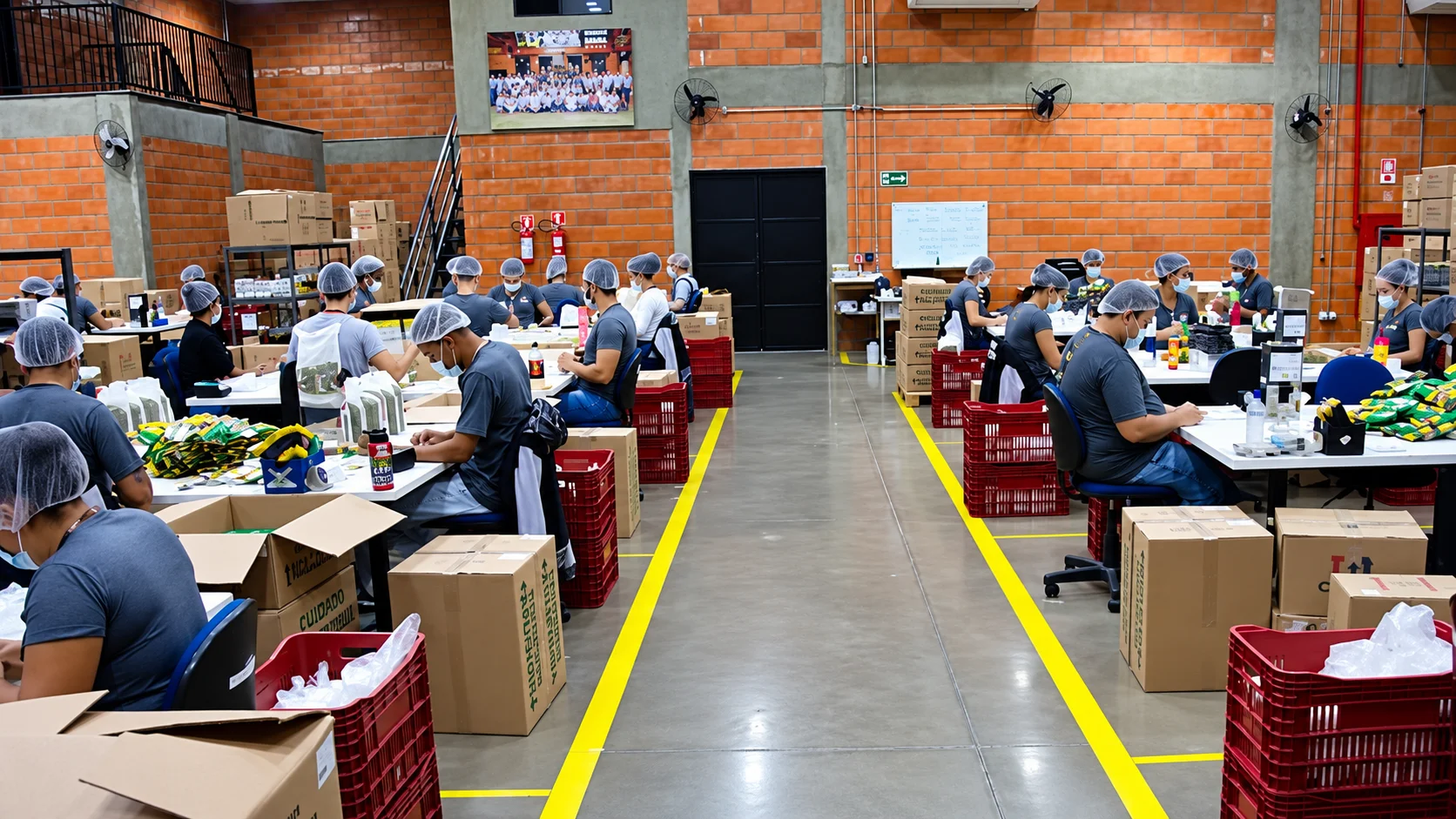 Equipe da TRION reunida no salão de produção da fábrica em Bebedouro